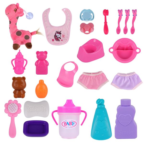 BABESIDE 23 Pcs Baby Doll Accessories Set, Baby Doll Care Set, Baby Doll Bath Set, Baby Doll Pretend Play Set for 12 Inch Baby Doll Kids Gift