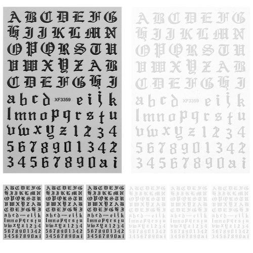 Minkissy 4 Sets Letters and Number Nail Stickers Tip Nail Art Adhesive Decals Nail Wrap Manicure Old English Alphabet Stripe (Black and White in 1 Set)