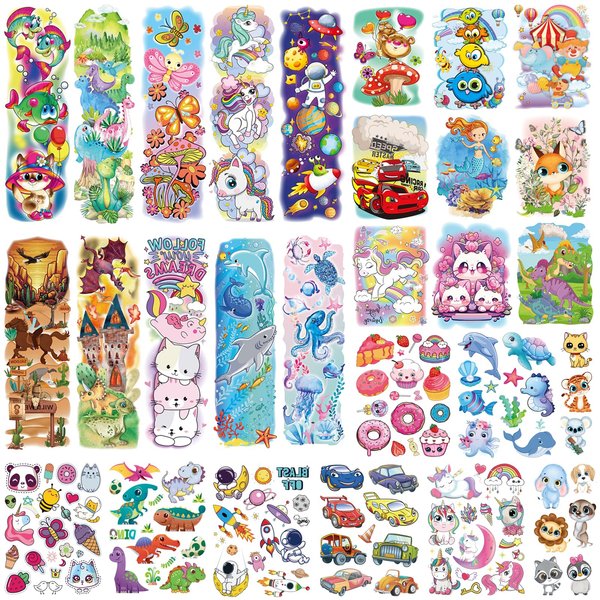 Tazimi Temporary Tattoo for kids- Kids Full Half Arm Temporary Tattoos -Marine organism Dinosaur Outer Space Race Car Fake Tattoos for Boys Girls Party Supplies