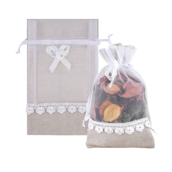 SumDirect Rose Drawstring Burlap Bags - 20pcs 4x6 Inch Lace Jute Organza Favor Gift Bags, Sheer Linen Favor Bags for Wedding