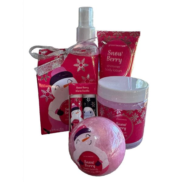 Groovy 7 Piece Bath & Body Self Care Pack in Snow Berry Includes Bubble Bath, Shimmer Body Mist, Shimmer Body Lotion, Bath Confetti, Body Scrub, Lip Balm Duo, Bath Bomb