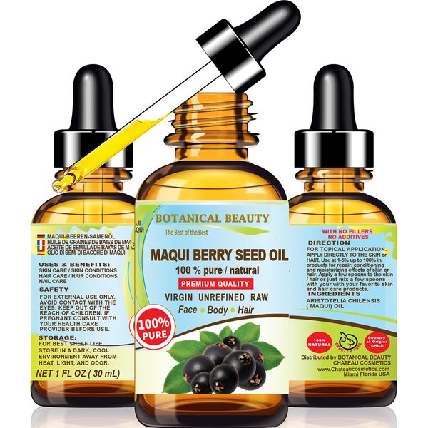 Botanical Beauty MAQUI BERRY SEED OIL 100% Pure Natural VIRGIN UNREFINED Cold-Pressed Carrier Oil 1 Fl oz 30 ml for Face, Skin, Body, Hair, Lip, Nails. Rich in Vitamin E, Vitamin C