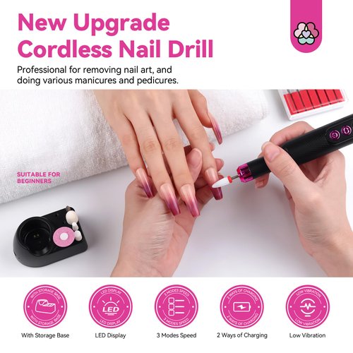 SAVILAND Electric Nail Drill Professional: Portable Electric Nail File with Base 20000RPM Rechargeable Nail Drill for Gel Acrylic Nails Remove Polish Manicure Pedicure Salon at Home