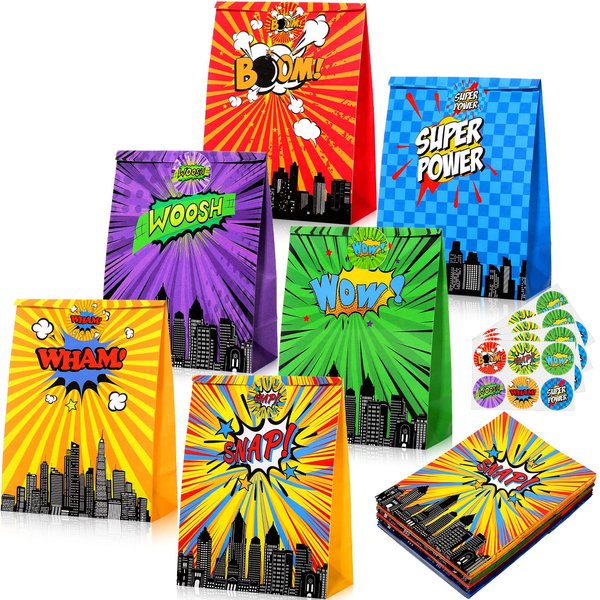 24 Pack Hero Party Gift Bags with Hero Theme Stickers Hero Theme Goodie Bags Hero Party Favor Treat Bags for Kids Hero Theme Birthday Party Decorations