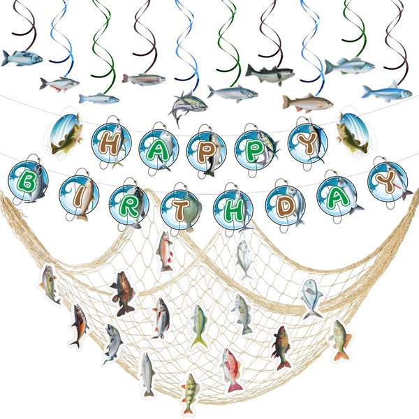Outus Gone Fishing Party Decorations Include Hanging Swirl Happy Birthday Banner Fish Shaped Cardboard Fish Net, Fishing Birthday Decorations for Gone Fishing Theme Birthday Party Supplies