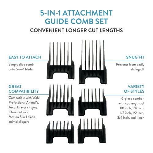 WAHL Professional Animal 5-in-1 Clipper Attachment Guide Comb Grooming Set for Wahl's Arco, 5- Style Groom, Bravura, Figura, Chromado, Creativa, and Motion Pet, Dog, Cat, and Horse Clippers