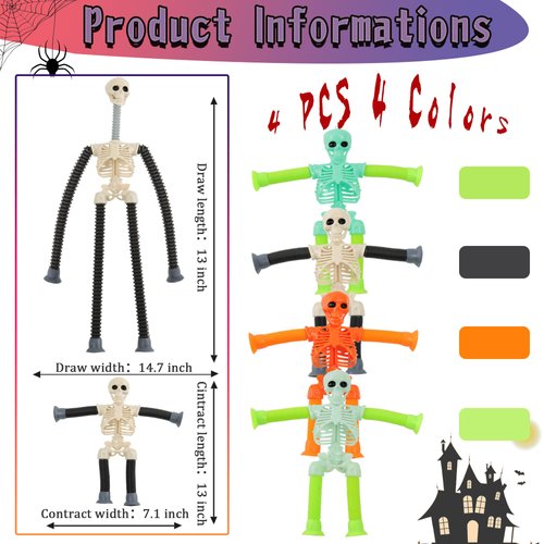 4PCS Telescopic Suction Cup Skeleton Toys, Shape Changing Telescopic Pop Tube Halloween Skeleton Fidget Toys, Skeleton Action Figure for Halloween Party Favors Kids Toddler Gift