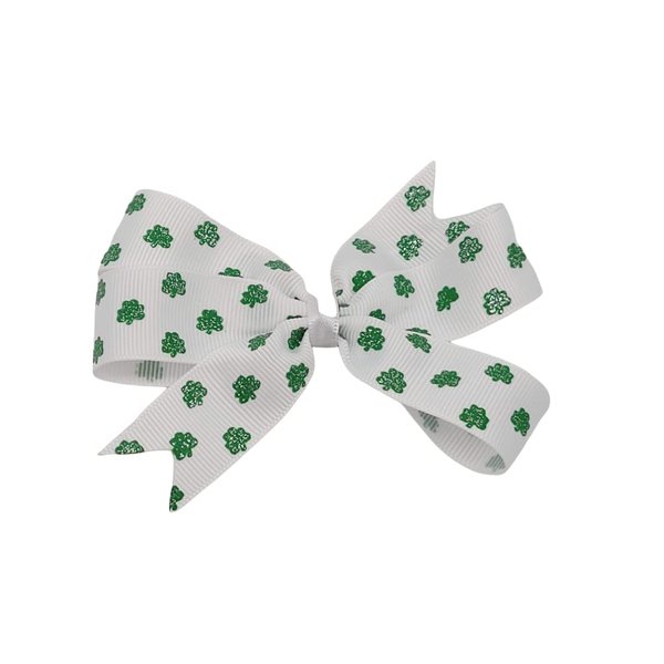St. Patricks Day Hair Bow (1 Layer Green glitter clover on White with elastic headband)