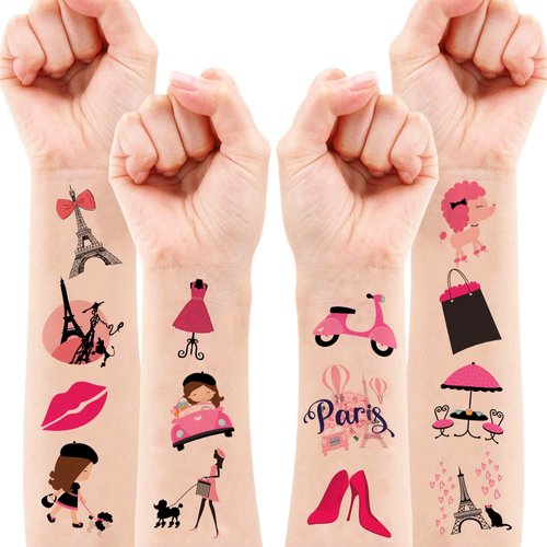 Paris Temporary Tattoos for Kids - Themed Eiffel Tower, Girl Birthday Party Decorations Supplies 96PCS Tattoos Stickers Cute Party Favors Girls Boys Gifts Classroom School Prizes Themed Christmas Pink