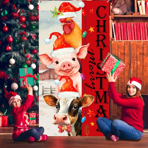 Welcome Christmas Door Cover Funny Farm Animal Christmas Door Banner Decorations Vintage Farmhouse Chicken Pig Cow Christmas Front Door Banner for Xmas Winter Welcome Holiday Party Supplies