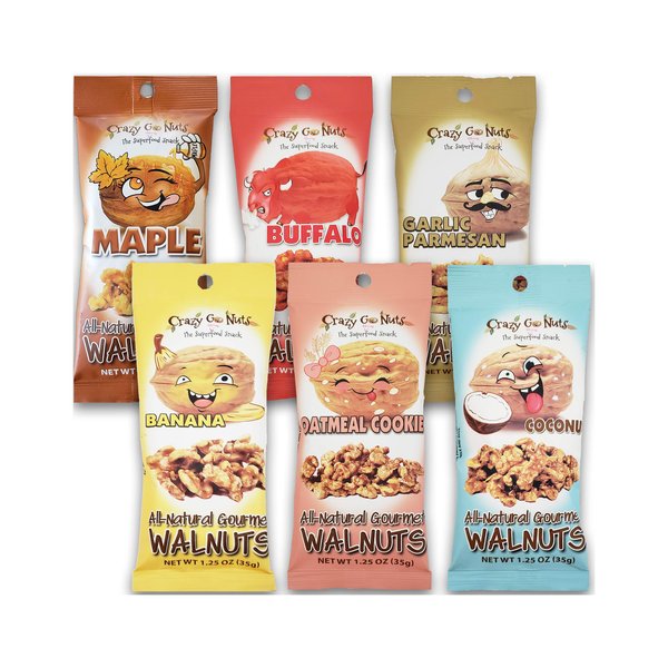 Crazy Go Nuts Walnuts Sampler 6-Pack - Banana, Buffalo, Coconut, Garlic Parmesan, Maple, and Oatmeal Cookie - Healthy Snacks, Gluten Free, Superfood, Natural, Omega 3 Fatty Acids, and Antioxidants