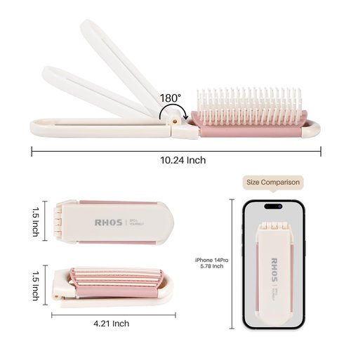 RHOS Folding Brush with Mirror for Women,Girls-Portable Mini Hair Brush for Purse,Small Pocket Hair Brush with Soft Nylon Bristles-Portable Brush with Mirror for Travel(Beige)