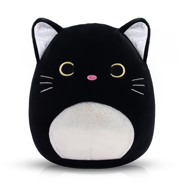 Black Cat Plush Kawaii Plush, 8'' Cat Stuffed Animals Pillow Cute Silver Ears Black Cat Pillow Plush Toy, Soft Plush Stuffed Cat Doll for Kids Girlfriend Birthday Christmas
