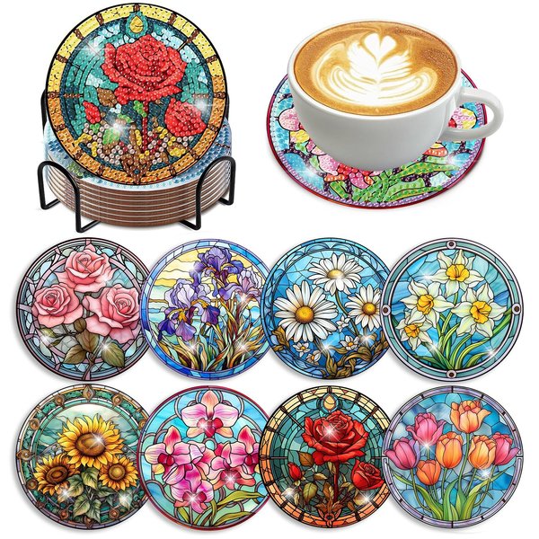 croshom 8 PCS Flowers Diamond Art Coasters Diamond Painting Coasters Kits with Holder Flowers DIY Coasters for Beginners, Adults, Diamond Art Crafts Supplies (Flowers)