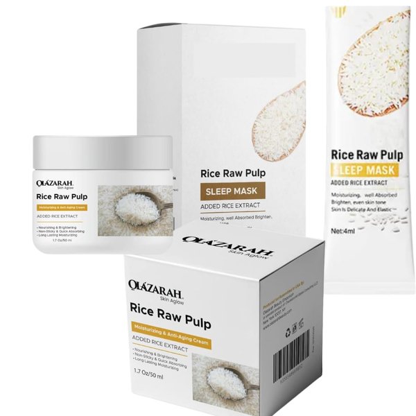 OLAZARAH Rice Raw Pulp Skincare Set: Organic Moisturizer & Revitalizing Sleep Mask - Anti-Aging, Hydrating Day & Night Treatment - Suitable for All Skin Types, 4 oz