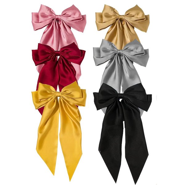 6Pcs Big Bow Hair Clips, BetterJonny Silky Satin Big Bow Barrettes Hair Clip with Long Silky Bows for Girls Women, Adult Teens Hair Accessories…