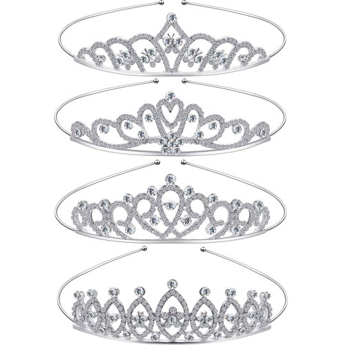 Hicarer 4 Pack Girls Princess Crystal Tiara Crown Silver Metal Rhinestone Crown Headbands Hair Jewelry for Girls Women Birthday Party Wedding Prom Bridal Valentine Christmas Halloween