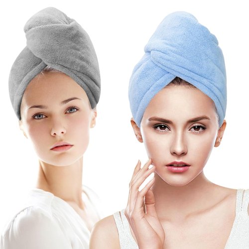 SURPRISE PIE 2 Pack Women Microfiber Hair DryingTowel Wrap, Super Absorbent Anti-frizz Head Turban Towel for Wet, Long,Curly Hair (Blue and Grey)