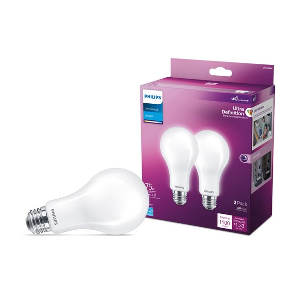 Philips LED Flicker-Free Frosted Dimmable A21 Light Bulb - EyeComfort Technology - 1100 Lumen - Daylight (5000K) - 11W=75W - E26 Base - Title 20 Certified - Ultra Definition - Indoor - 2-Pack
