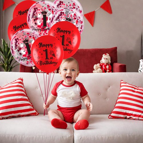 1st Birthday Balloons for Boys Girls, 18Pcs Red Happy 1st Birthday Decorations Balloons 1st Birthday Latex Balloons Confetti Balloons Red One Year Old Balloons for First Birthday Party Supplies Decor