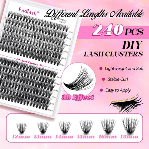 Lash Clusters 240pcs 30D+40D 12-18mm Cluster Lashes Mixed Tray 3D Effect Volume Individual Lashes Cluster Eyelash Extensions Fluffy Soft D Curl DIY Lash Extension Kit at Home (30D+40D-0.07-D,12-18mm)