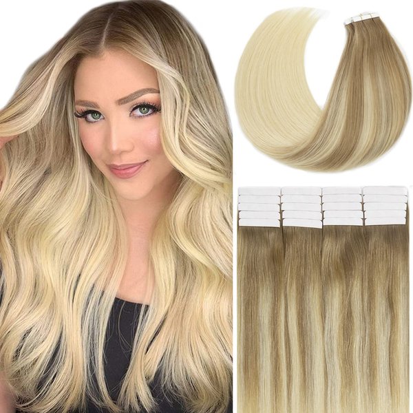 Loxxy Tape in Extensions Human Hair Real Remy Hair Extensions Tape in Human Hair Natural Straight Invisible Double sided Balayage #8-60 Light Brown With Platinum Blonde 20pcs 50g/pack 16Inch