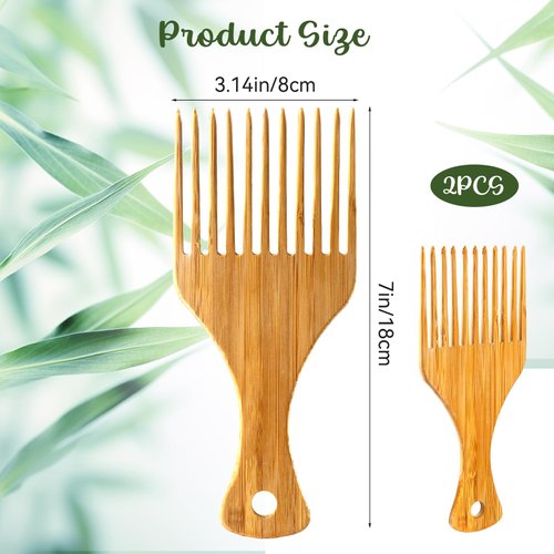 2Pcs Hair Pick Comb for Curly Hair Bamboo Hair Pick Beard Pick Comb Afro Hair Picks No Frizz Wide Tooth Comb Hair Picks for Men Lift Detangle Hair Comb