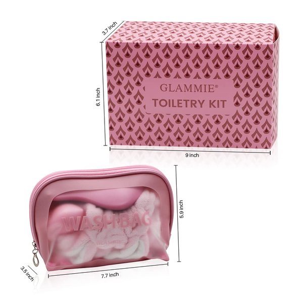 GLAMMIE Travel set with Makeup Bag, Hair Drying Towel, Facial Scrubber, Makeup Remover Wash Cloths, Hair brush, Face Wash Headband, Satin Scrunchies, this set is women's makeup, hair care, fitness...