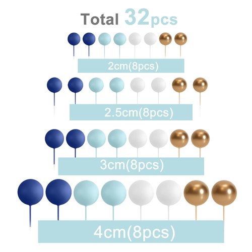 ASTARON Ball Cake Topper, 32 Pcs Foam & Wire Decorations, Mini Balloons Cake Topper Sticks, 4 Colors/Sizes for Wedding Party Birthday Cake Decorating