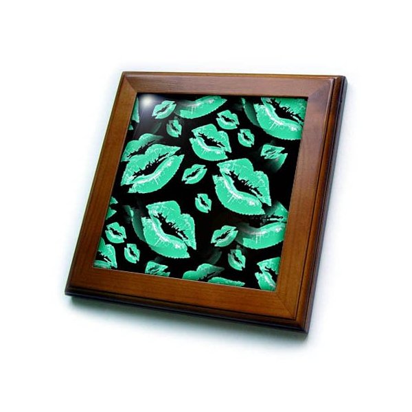 3dRose Two Kisses Collided Lip Affectionate Aqua Colored Lips Pattern - Framed Tiles (ft_357227_1)