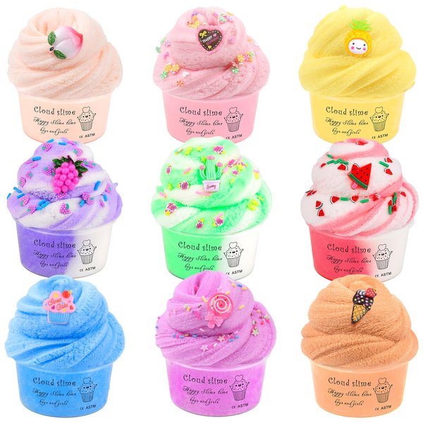 Cloud Slime Kit 9 Pack, with Peach Watermelon Pineapple Cake Slime Charms, DIY Slime Supplies for Girls and Boys, Stress Relief Toy for Kids Education, Party Favor, Gift and Birthday