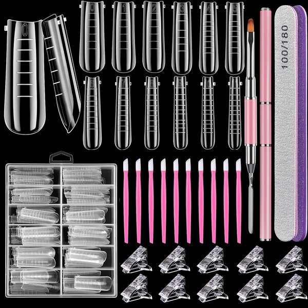 Dual Nail Forms Set,TsMADDTs Clear Acrylic Coffin Nail Forms Set with 120pcs Gel Nail Molds 10pcs Clear Nail Tips Clips,Nail Gel Brush Pen Nail Files Buffer Cuticle Pushers,Nail Extension Forms Set