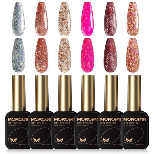 Morovan Gel Nail Polish Set: 6 Colors Glitter Gel Polish Sliver Gold Pink Nail Polish Gel Starter Kit Soak Off Curing Required Sparkle Glitter Gel Nail Polish Colors For DIY Home Salon