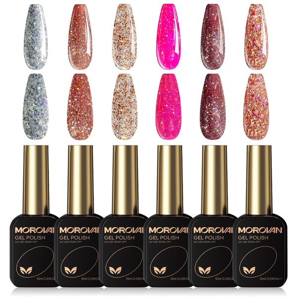 Morovan Gel Nail Polish Set: 6 Colors Glitter Gel Polish Sliver Gold Pink Nail Polish Gel Starter Kit Soak Off Curing Required Sparkle Glitter Gel Nail Polish Colors For DIY Home Salon