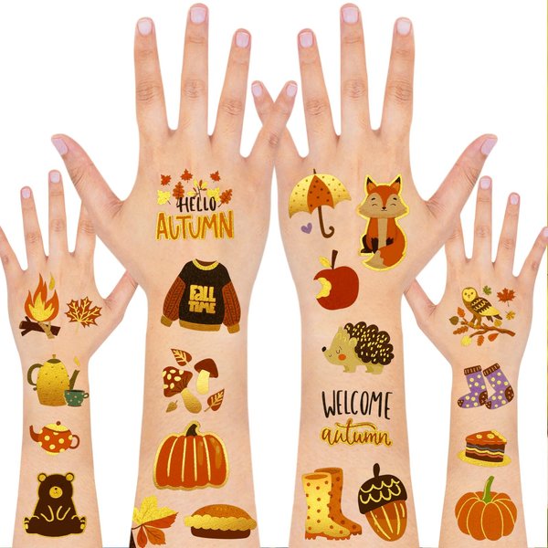 HOWAF 50+ Pcs Fall Temporary Tattoos, 4 Sheets Gold Glitter Hello Fall Face Tattoos Stickers for Autumn Thanksgiving Harvest Decoration, Pumpkins Maple Leaves Waterproof Body Art Stickers