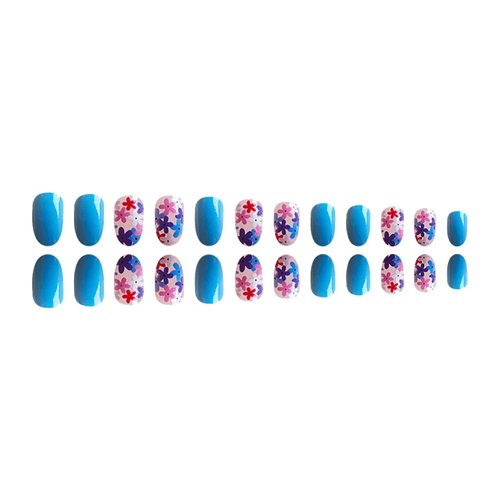 Short Press On Nails Oval Fake Nails Acrylic False Nails With Blue Flower Designs Artificial Blue Nails Press Ons Glossy Glue On Nails Short Full Cover Stick On Nails For Women