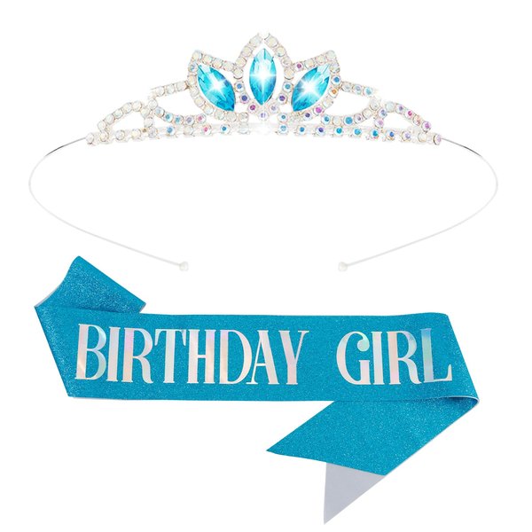 SuPoo Blue Birthday Crown and Sash Birthday Girl Sash Princess Crown Birthday Girl Headband Crystal Birthday Tiara Crown for Girls Rhinestone Happy Birthday Accessories Gift
