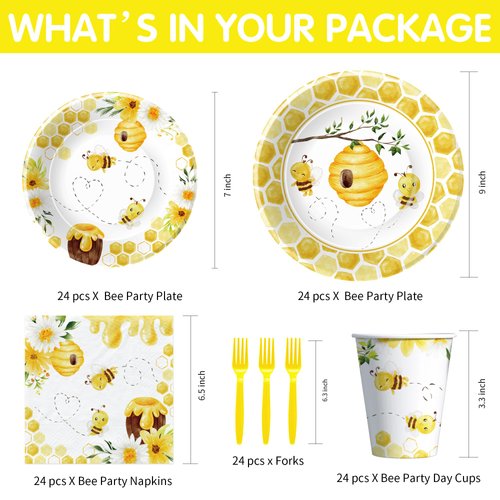 YJRJSC Bee Baby Shower Decorations Paper Plates And Napkins Party Supplies - Bee Birthday Party Decorations Tableware, Plate, Cup, Napkin, Fork, Bumble Theme Bee Day Decorations Dinnerware | Serves 24