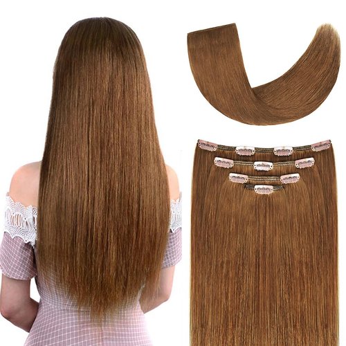 20" Clip in Hair Extensions Remy Human Hair for Women - Silky Straight 75grams Long Human Hair Clip on Extensions 75grams 4pieces Chestnut Brown #8 Color