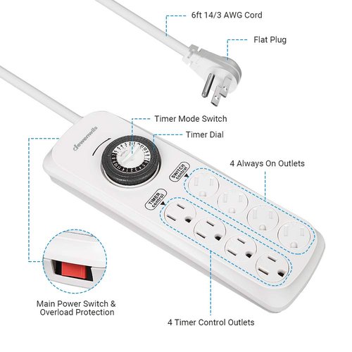 DEWENWILS Mechanical Timer Power Strip with 8 Outlets, Flat Plug, 6ft Long Cord, Overload Protection, Indoor Timer for, Bearded Dragon Tanks, Aquarium, Grow Lights, Plants, Reptile Light, UL Listed
