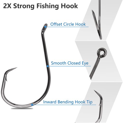 Circle Hooks Saltwater Catfish Hooks, 110pcs Offset Circle Hooks Octopus Hooks Fishing Inline Circle Hooks 2X Strong Saltwater Circle Hooks Catfishing Tackle Size 6/0#-Black