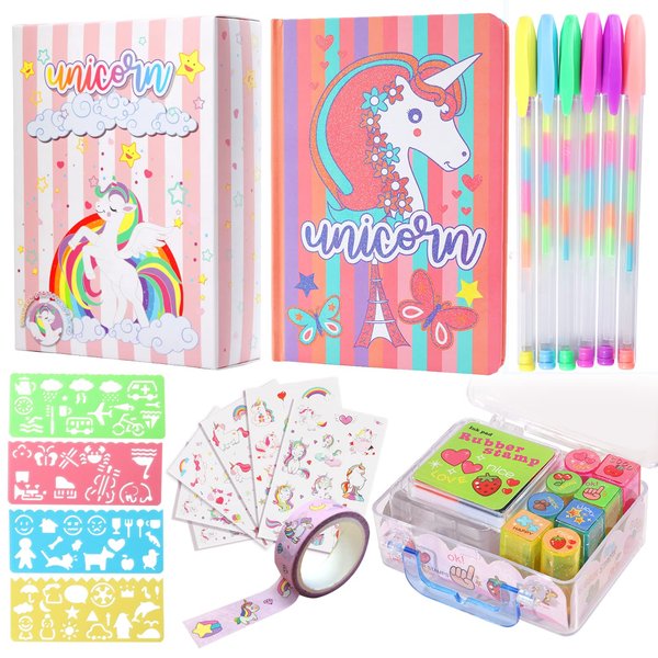 YOYTOO Unicorn Diary for Girls, Unicorn Stationery Set, Notebook, Pen, Stickers, Mini Stamps Set, Drawing Stencils, Unicorn Journal Gift for Drawing Writing for Girls Kids Ages 4-12