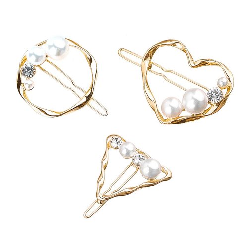 Numblartd Set of 3 Pcs Geometric Pearl Rhinestone Alloy Barrettes Bobby Pins - Fashion Round Triangle Heart-shaped Side Clamp Clip Hair Clip Hair Accessories for Women