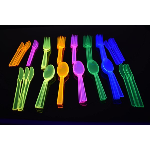 DirectGlow Neon Blacklight Reactive Hard Plastic Assorted Cutlery Flatware Glow Party Supplies Birthday Holiday 192 Pieces (64 Place Settings)