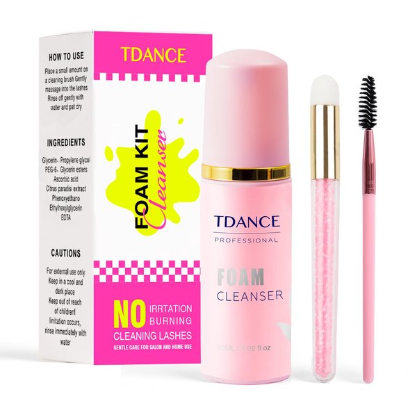 TDANCE Eyelash Extension Cleanser + Brush (60ml) / Shampoo / Wash for Extensions & Natural Lashes / Unscented, Oil, Paraben, Sulfate Free / For Professional & Home Use