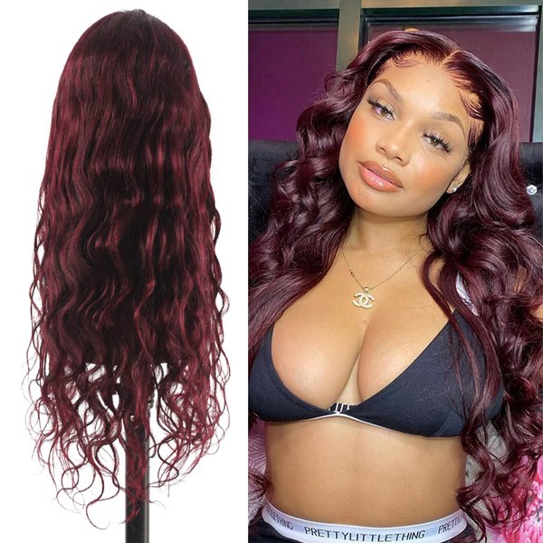 Miz Barn Lace Frontal Wigs 13X4X1 Human Hair Body Wave Wig Pre Plucked Lace Front Wigs Human Hair Brazilian Virgin Hair Lace Frontal Wig with Baby Hair Deep Curly Wigs for Women 26 Inch (BURGUNDY#)