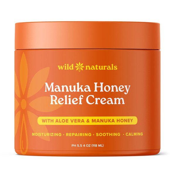 Wild Naturals Manuka Honey Relief Cream with Aloe Vera for Eczema - Manuka Honey Cream for Dry Skin and Redness - Face, Hand & Body Moisturizer for Sensitive Skin - Manuka Honey Face Cream & Lotion
