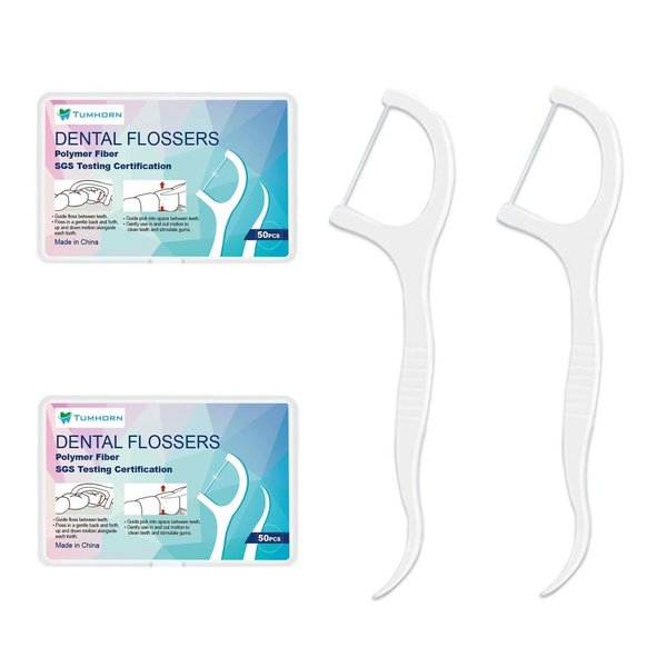 Tumhorn Dental Floss Picks, Oral Care Dental Flossers, Travel Floss Picks for Teeth Cleaning, Portable Case Toothpicks Sticks 100 Count (2 Boxes)