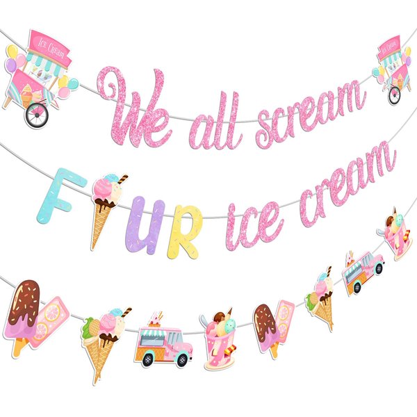 Jollyboom Ice Cream Birthday Decoration 4th, We All Scream 4 Ice Cream Birthday Banner Glitter Ice Cream Banner Garland for Summer Ice Cream Theme Girl 4th Birthday Party