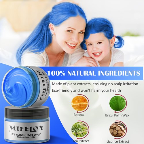 Blue Temporary Hair Color Wax 4.23 oz, Instant Natural Hairstyle Cream Dye, Washable Styling Pomades for Girls Women Youth, Disposable Coloring Mud for Party Cosplay DIY Halloween